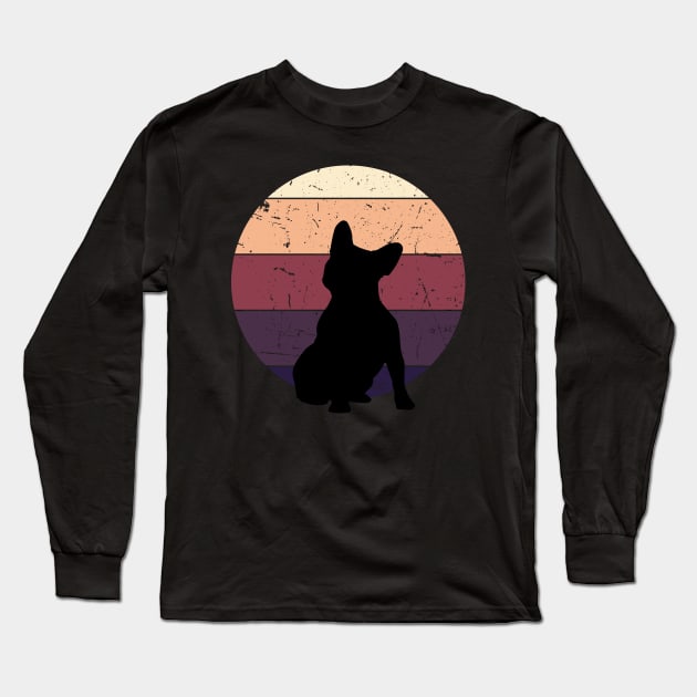 Silhouette of cute french bulldog sitting with dark colored sunset, vintage style, frenchie mon, frenchie dad, frenchie on vintage sunset Long Sleeve T-Shirt by Collagedream